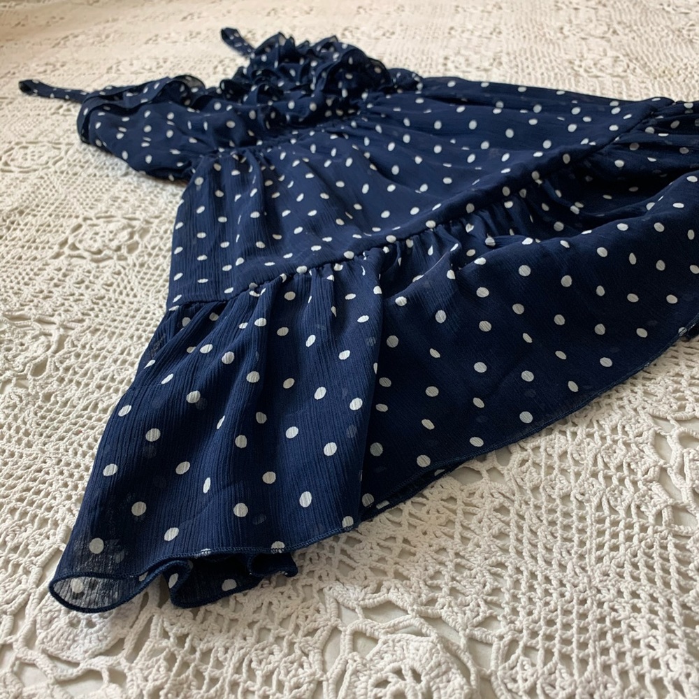 Polka dot mini dress navy blue lined strappy small